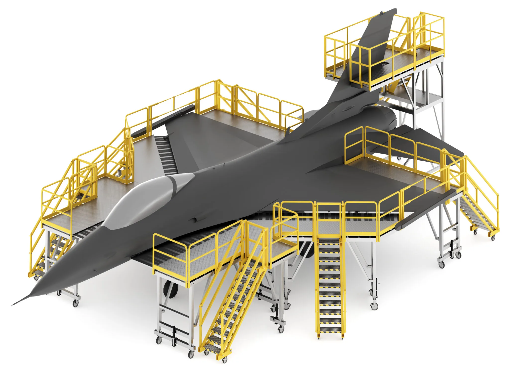 F-16 maintenance access stand system surrounding the airframe