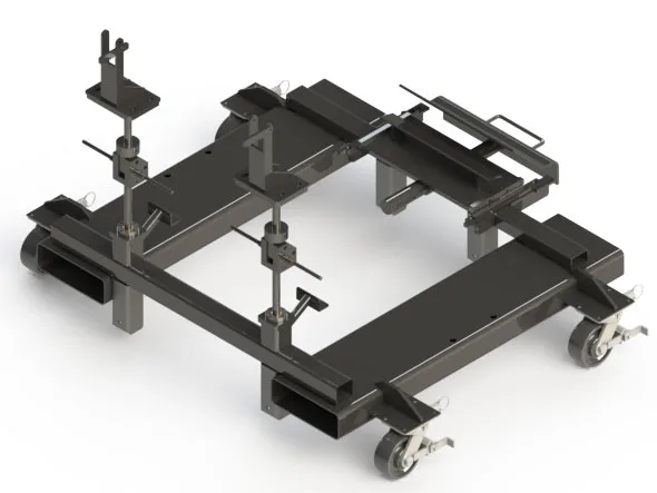 CAD model of a wheeled C-17 landing gear door fixture with adjustable support posts