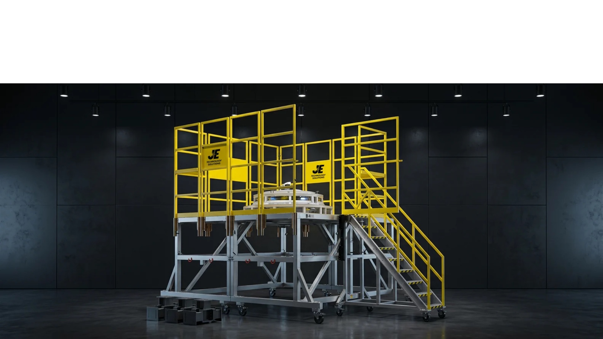 A JE mobile heavy-duty access platform with guardrails and integrated stair access