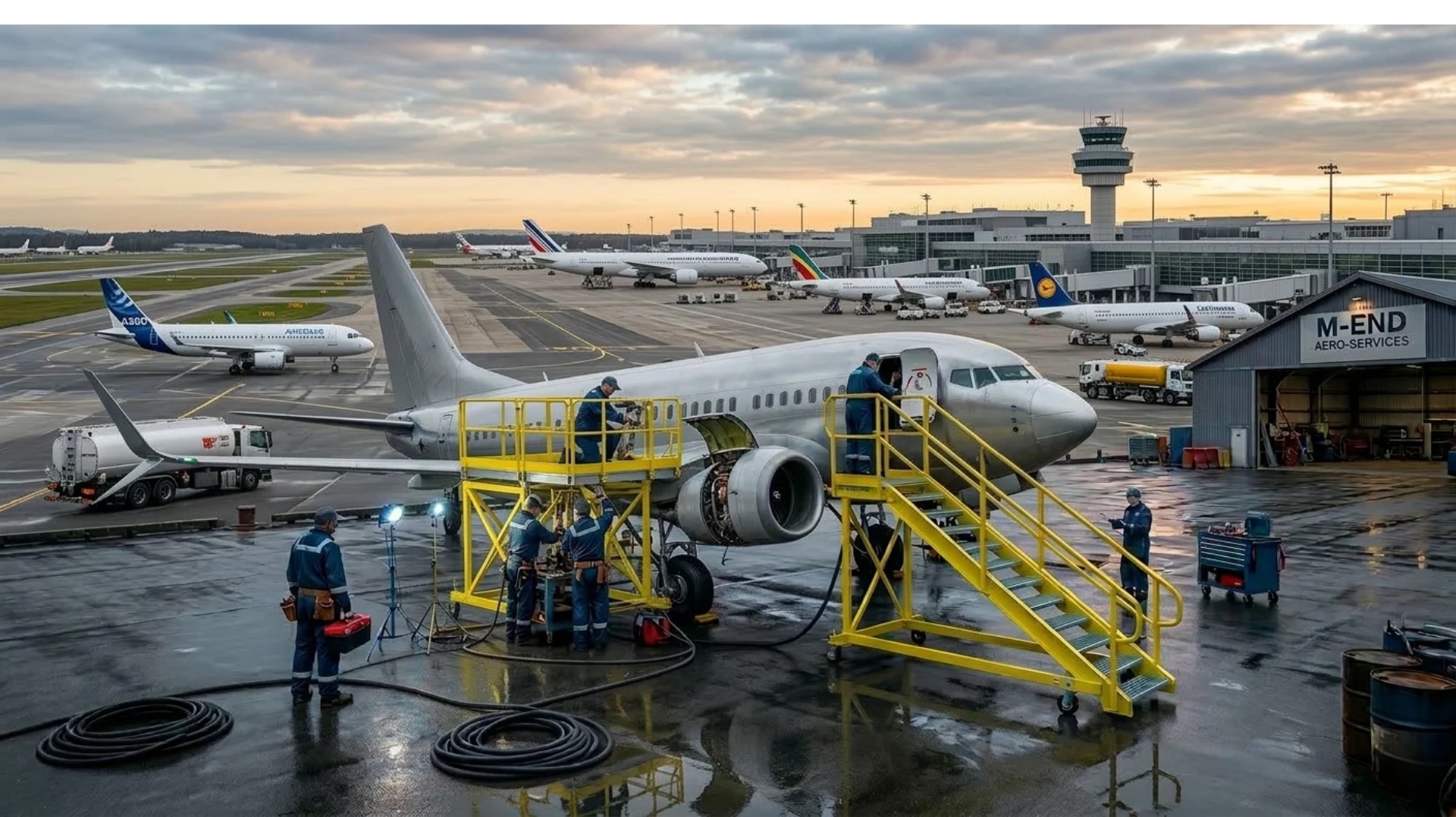 Technicians working from JE maintenance platforms and boarding stairs on an aircraft at dusk