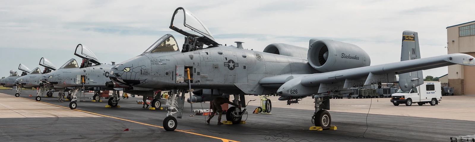 A JE maintenance stand supporting an A-10 airframe