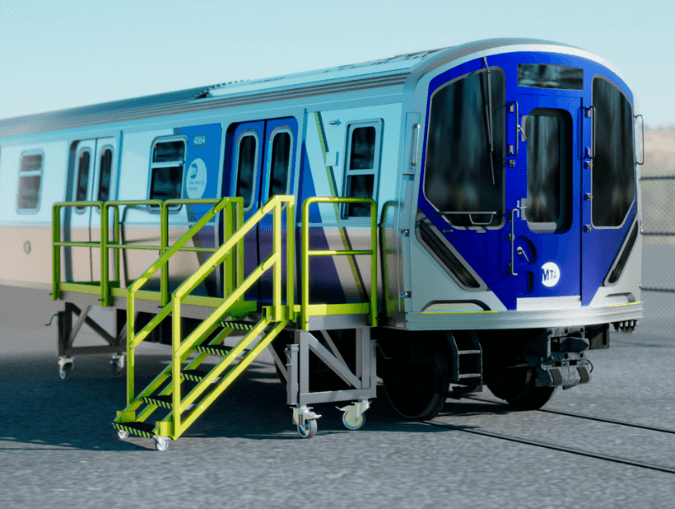 A JE railcar access stand with guardrails serving a rail vehicle