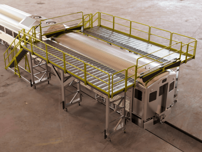 A railcar roof access gangway with integrated fall arrest